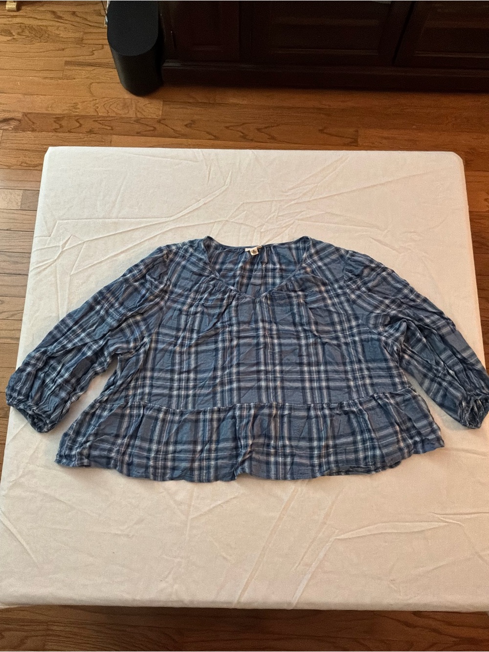 ******* a.n.a Blue Plaid Peplum Long-Sleeve Blouse b5 *******